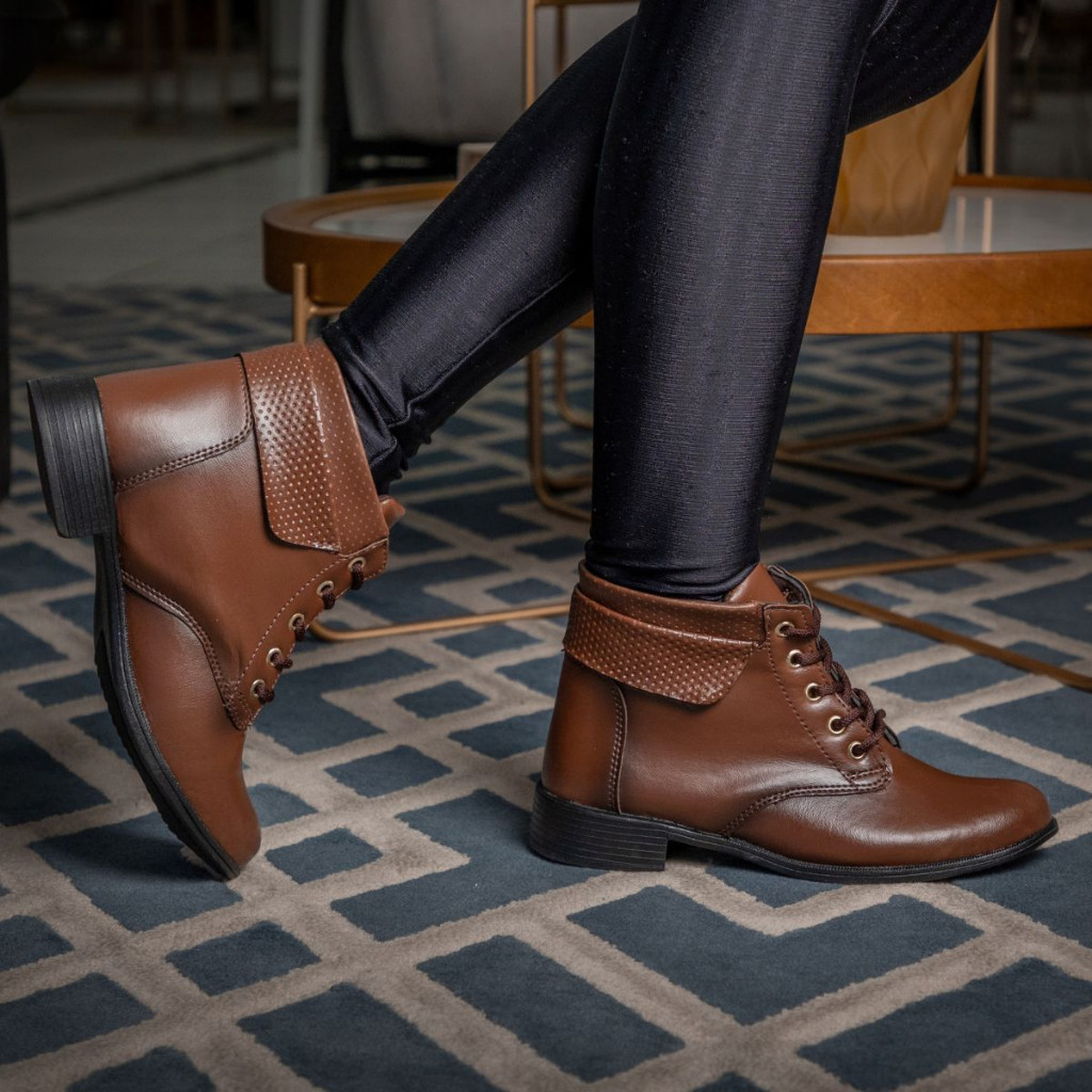 Bota Coturno Casual Feminina Cano Baixo c/ Cadarço Luxo Macia Confortável  Moda Outono Inverno