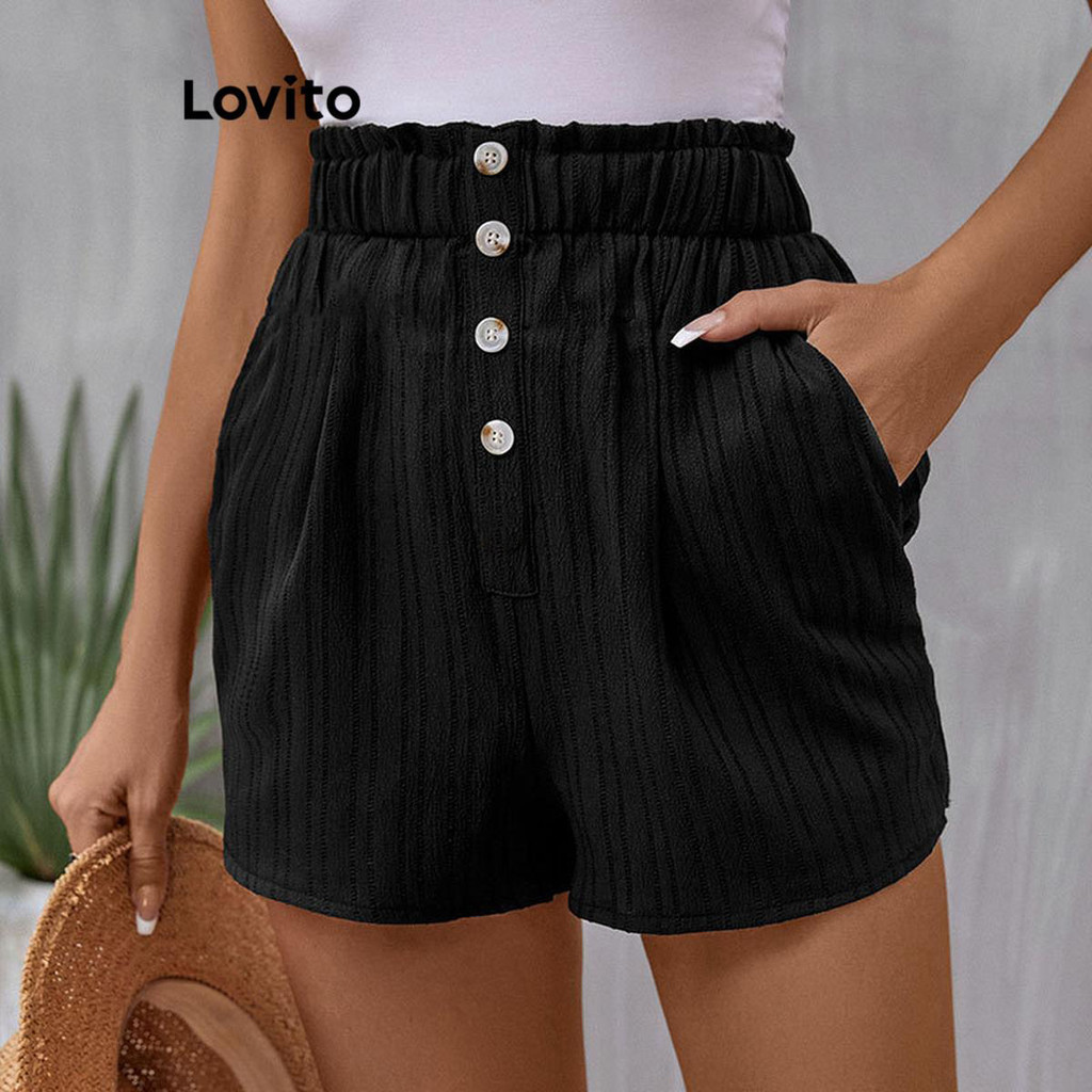 Lovito Shorts Casuais De Bolso Com Botão Liso Para Mulheres LNL42074