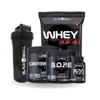 Suplementos - Whey Turbo 900g + Creatina Monohidratada Turbo 150g + Pré Treino B.O.P.E 150g + BCAA 2400 30 Cápsulas + Coqueteleira 600ml - Black Skull
