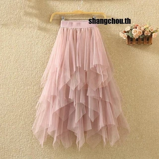 (shangchou.th) Saias Femininas De Tule Irregular Moda Elástica Cintura Alta Malha Tutu Saia Plissada Longas Midi Faldas Jupe Femmle