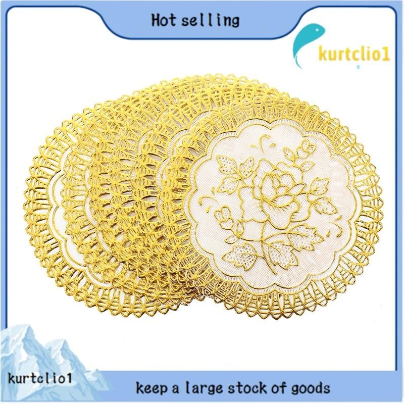 [Estoque] 6 Conjunto De Mesa De Jantar De Flores Em Tom De Ouro Requintado COASTERS SET