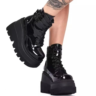 Demonia Botas de sola grossa Novas botas góticas de couro brilhante com calcanhar Botas femininas American Martin