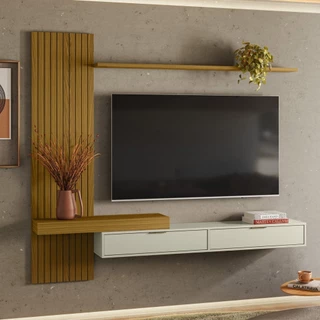 Painel Italy Ripado P/Tvs até 65 Polegadas 180cm Cedro/Off White - Olivar Móveis