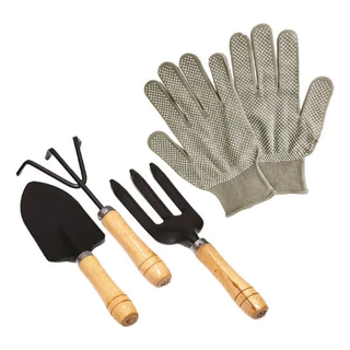 Conjunto Para Jardinagem 3 Peças Cabo Madeira + Luva