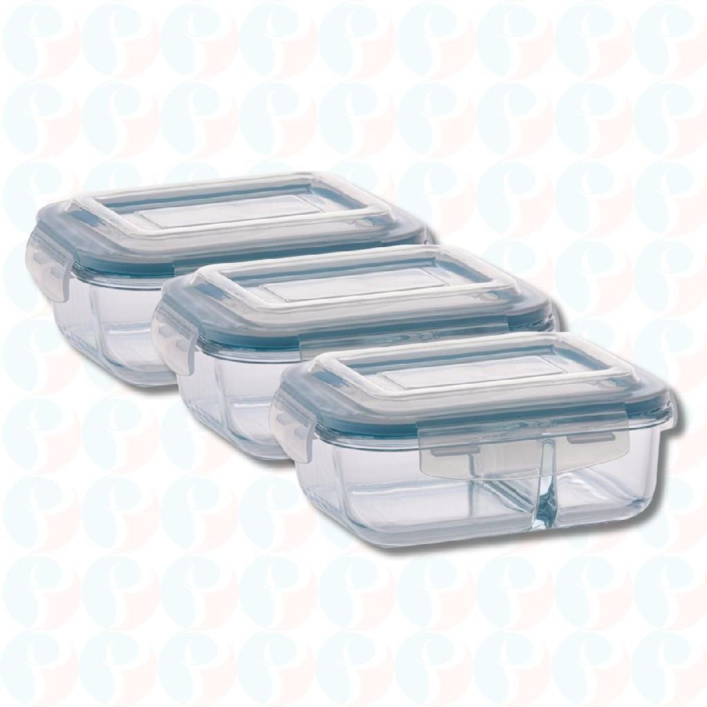 Kit 3 Pote de Vidro Hermético Com Divisoria 640ml Marmita