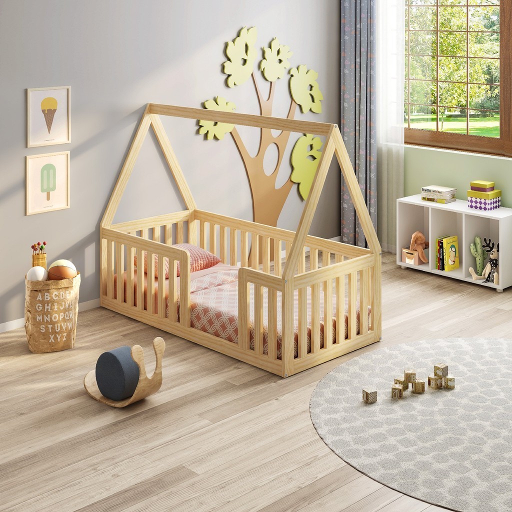 Mini Cama Montessoriana em Madeira Maciça com Grade e Telhado Giulia Casatema