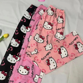 Hello Kitty Calça Solta Cintura Alta Sanrio Lovely Casual Fina Feminina Nova De Perna Larga Estética Y2k Moda Impressa