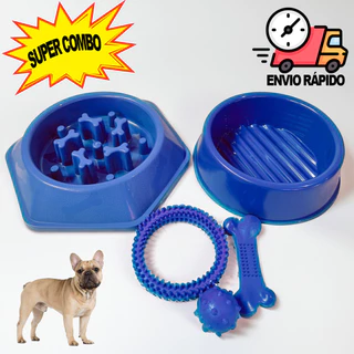 Comedouro Cachorro Grande Lento Pote + Bebedouro Cachorro + Kit Brinquedo Cachorro Mordedor Pet