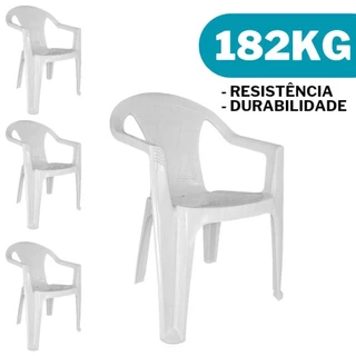4 Cadeira Poltrona de Plástico c/ Braço Resistente 182kg Branca