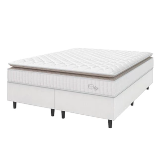 Cama Box Colchão Casal King Molas Ensacadas City Pillow Top 193x203x61cm Linho Branco / Bege Hellen - Suporta até 110kg por Pessoa