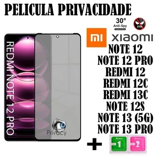 Película Privacidade de Vidro 3D Para Note 13/Note 13 Pro/13c/Note 12/Note 12 Pro/Note 12s/Redmi 12c/Redmi 12 Protegor de Tela Anti Spy