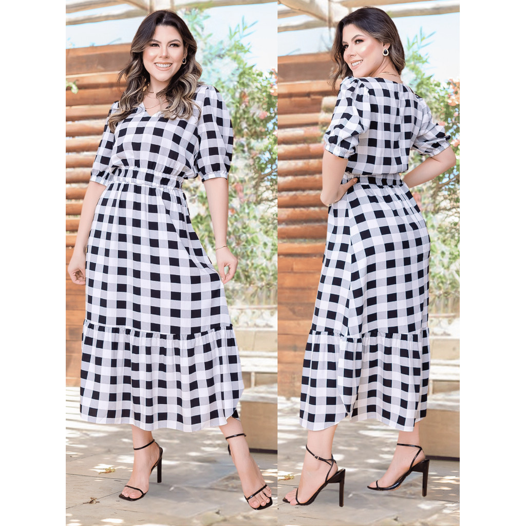 Vestido Midi Xadrez Slim ao Plus Mangas Bufante Gola v Babado Arredondado Junino