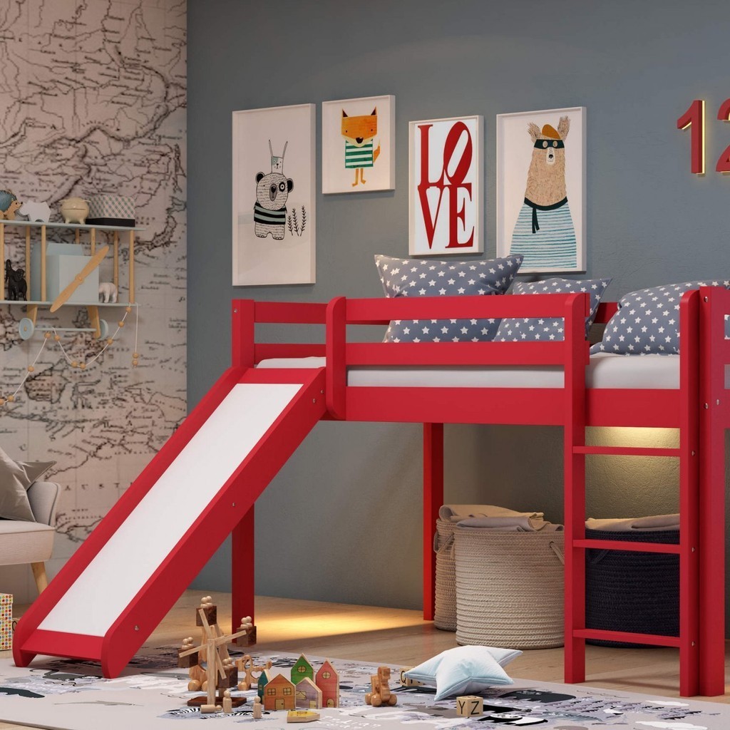 Cama Alta Kids com Escorregador em Madeira Maciça/MDF Vermelho | Shopee ...