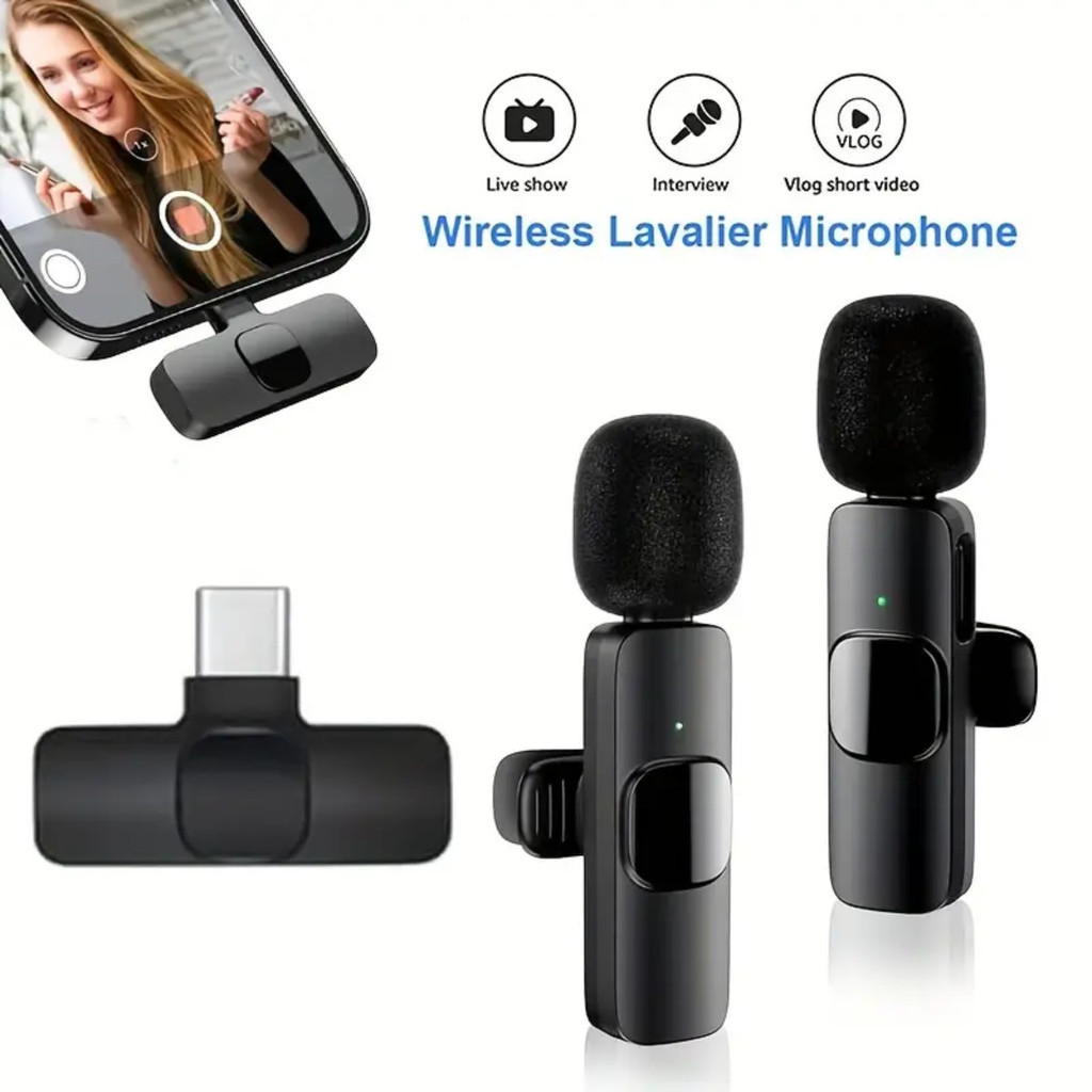 Microfone de Lapela Sem Fio Vlog Compatível Tipo C e iPhone