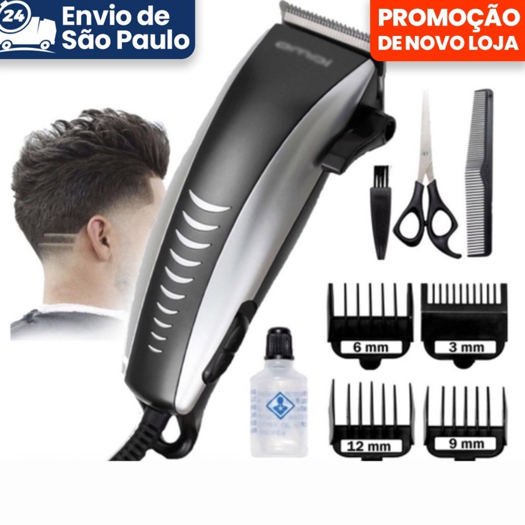 Máquina De Cortar Cabelo Barbeador Aparador Profissional Acabamento Barba 9 Peças Elétrico 110V