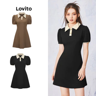 Lovito Vestido com Gola e Acabamento em Contraste Lisa e Casual para Mulheres L55AD057 (Multicolorido)