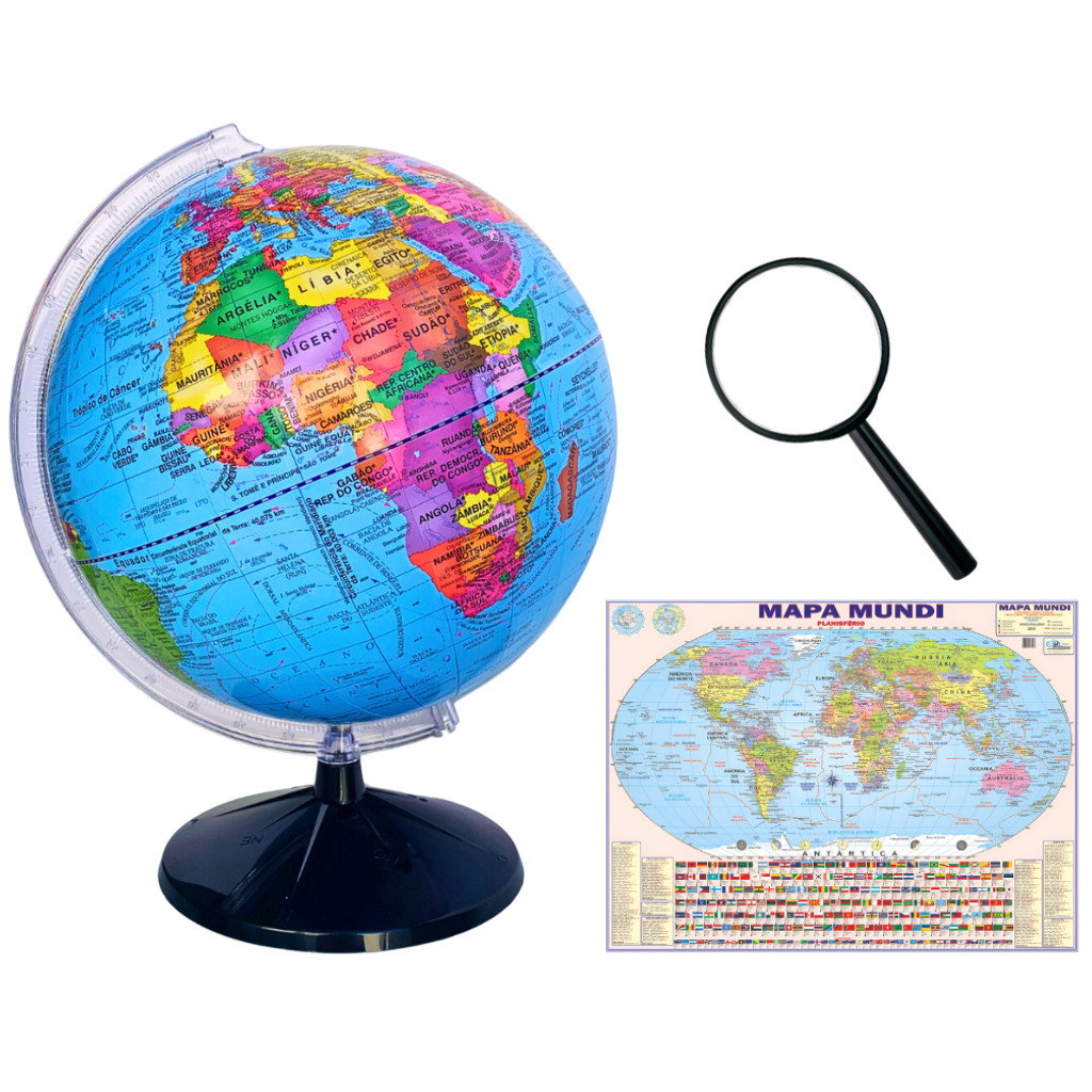 Globo Terrestre Político Studio 30cm Diâmetro e 43cm Altura + Mapa Mundi Gigante + Lupa