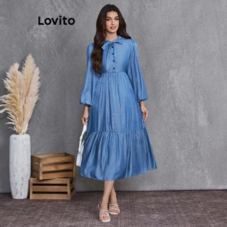 Lovito Vestido jeans casual liso com renda e botão para mulheres LBL20300