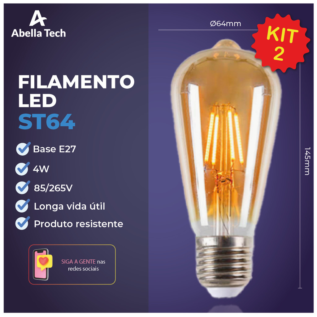 2 Lâmpada Filamento LED ST64 4W E27 LUZ QUENTE (AMARELO) Âmbar Retrô Vintage 110V~220V | Bivolt
