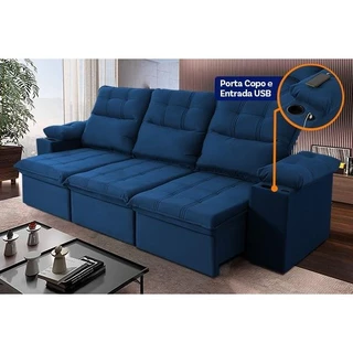 Sofá Retrátil Reclinável Verona USB + Porta Copo 2,30m Suede Velut Azul c/ Molas no Assento