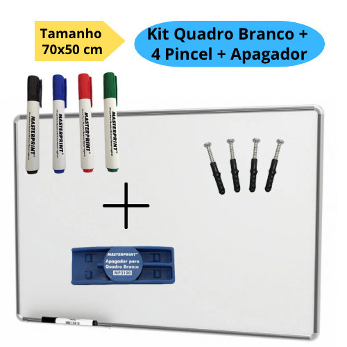 Lousa Branca Quadro Branco 70x50cm + 4 Marcadores Pincel + 1 Apagador Didática Média