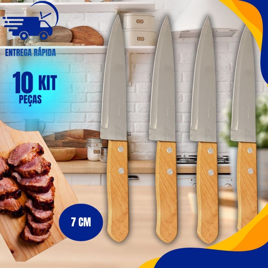 Kit 10 Facas De Cozinha Inox Profissional 7 Do Chef Cabo Madeira 30cm ...