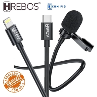 Microfone de Lapela Android Type C iPhone Lightning com Clipe de Fio Alta Captação Baixo Ruído NFe
