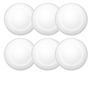 Kit Jogo 6 Pratos Rasos Jantar Almoço Cristal Transparente Coração 28cm Lyor Redondo