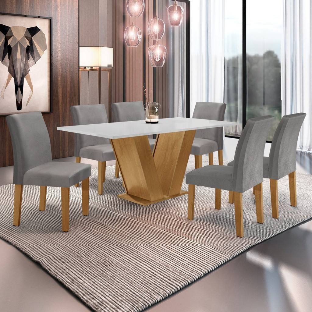 Conjunto Sala de Jantar Mesa 160x80cm Tampo MDF com 6 Cadeiras Espanha Yescasa Ypê/Off White/Suede Cinza