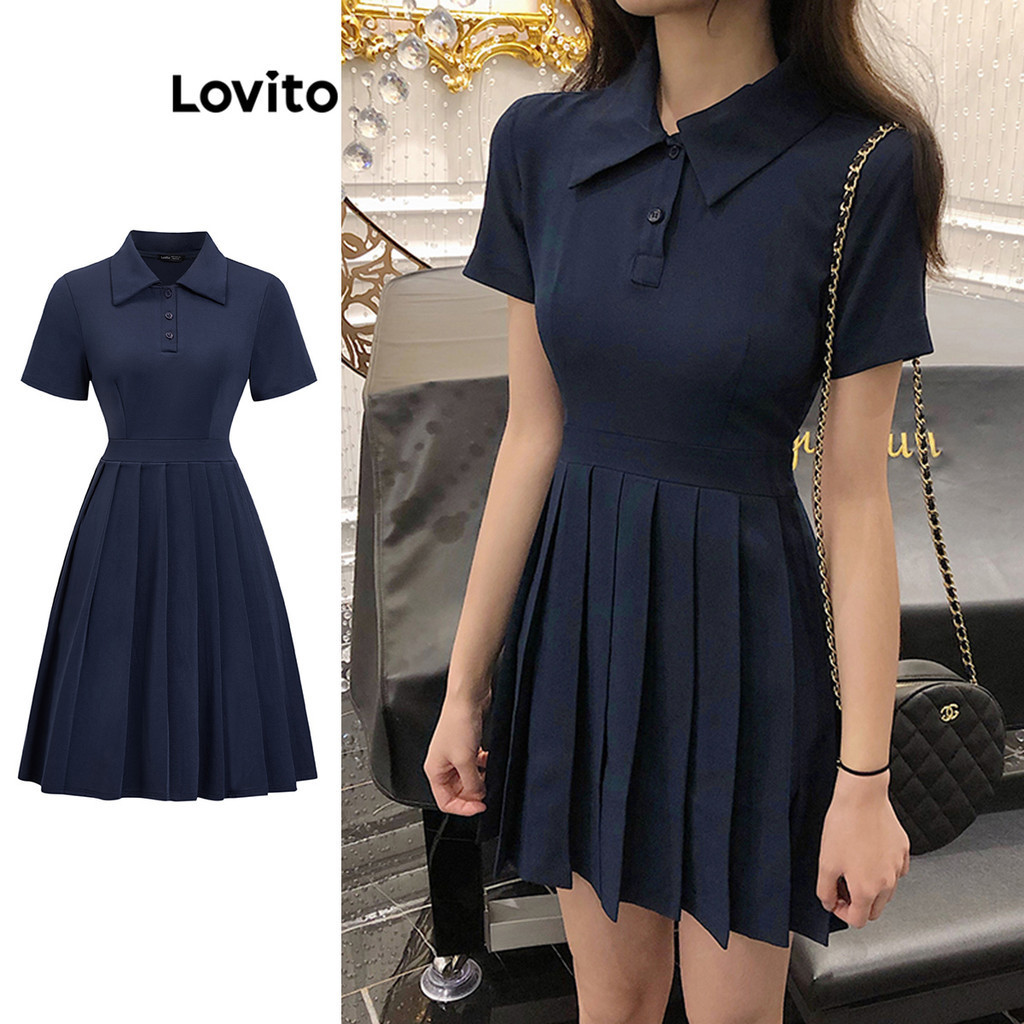 Lovito Vestido casual plissado liso para mulheres L86ED091