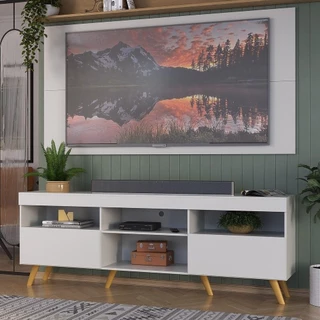 Rack c/ Painel P/TV até 65" e Pés Retrô Flórida Multimóveis Branco/Natural