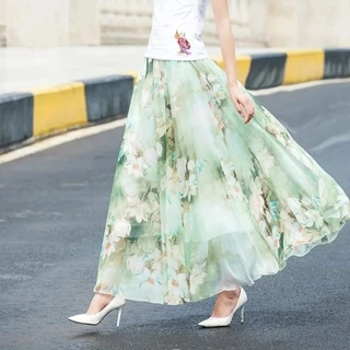 Floral Chiffon meio comprimento saia longa feminina verão 2023 elegante bainha grande saia de fadas longo tornozelo comp