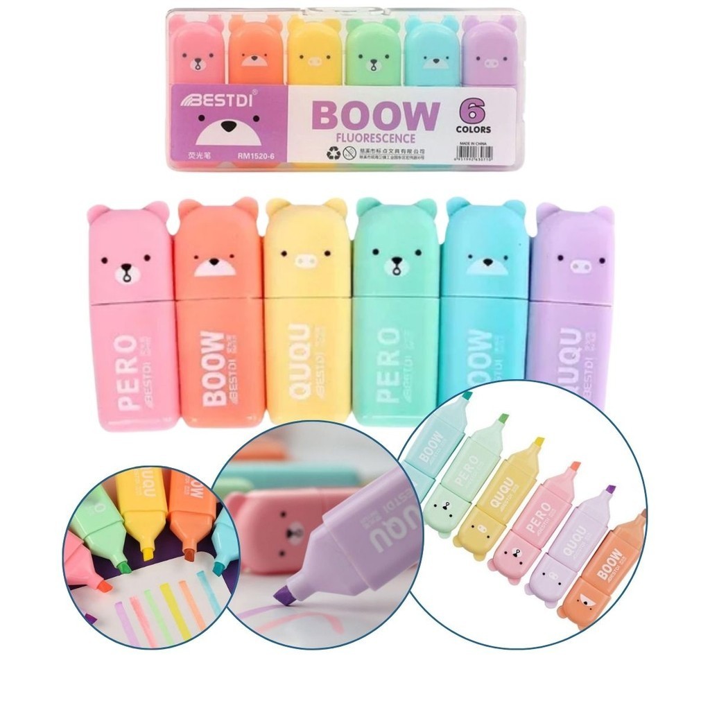 Kit Mini Marca Texto Fofo Ursinho cores fluorescentes Boow | Shopee Brasil