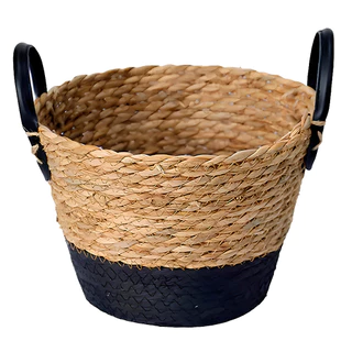 Cesto de Fibra Natural Preto C/ Alça Grande Ø33x28cm p/ Organização Decoração 3014