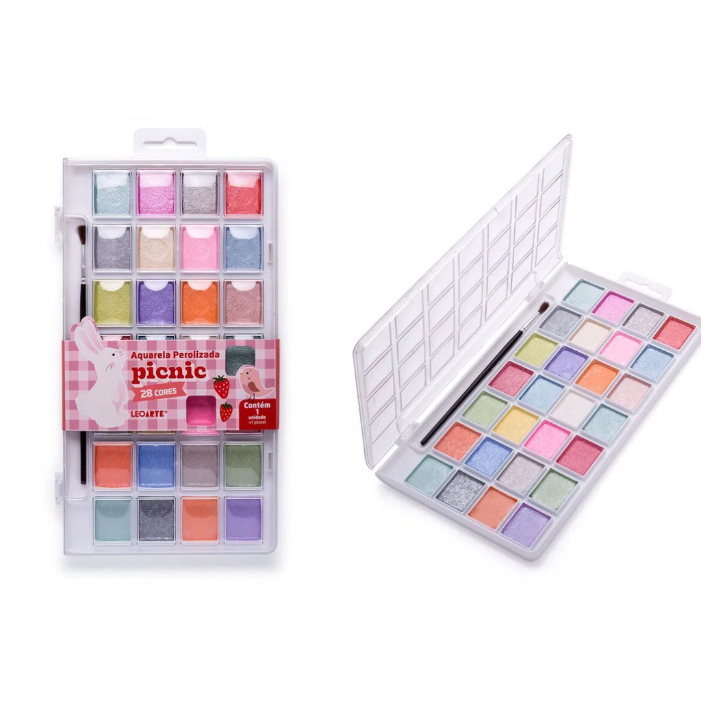 Aquarela Perolizada Picnic - 28 Cores - Estojo + Pincel LeoArte