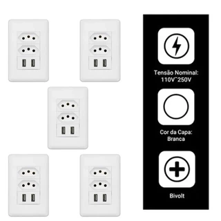 Kit 5 Tomadas Fonte Usb de Parede Universal + Tomadas Bivolt A8-2u2c
