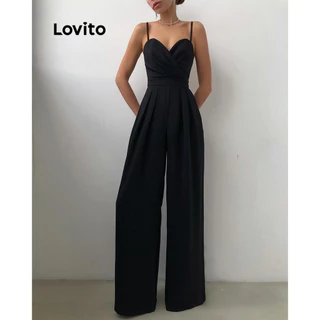 Lovito Elegante Macacão Feminino Liso Plissado LNL41002