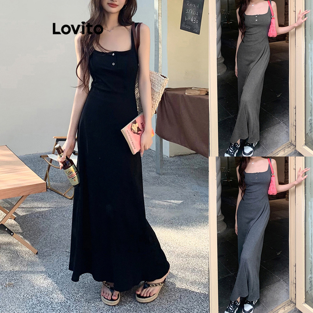 Lovito Casual Vestido Feminino Liso com Botão LNE34005 (Cinza Escuro/Preto)