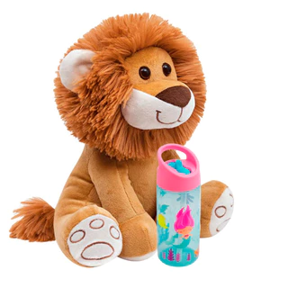 Garrafa Infantil Canudo Retrátil 400ml Sereia + Pelucia Leaozinho Caramelo Antialergico 25cm