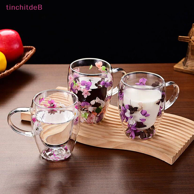 [TinchitdeB] 1PC INS Tendências Chávena De Chá De Alto Teor De Borosilicato De Vidro Café Floral s De Parede Dupla Simples Resistente Ao Calor [Novo]