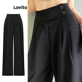 Lovito Calça plissada casual com botão liso e zíper para mulheres L87ED179