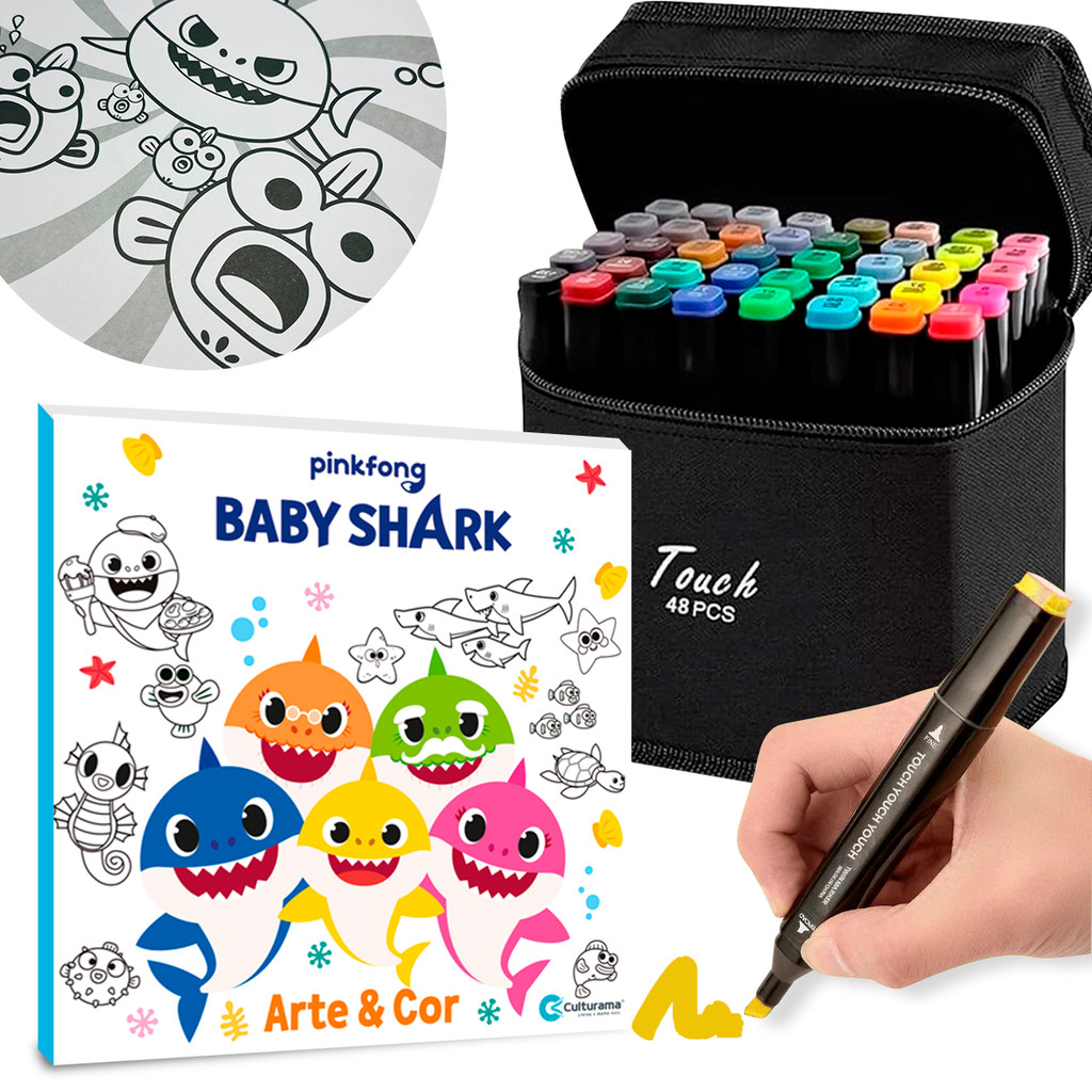 Conjunto Canetas Marcador Coloridas Touch e Livro de Colorir BabyShark ...