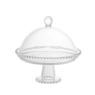 Prato de Cristal Porta Bolo Boleira Queijeira Suporte Doces com Pé e Tampa Pearl Bolinhas Transparente Wolff