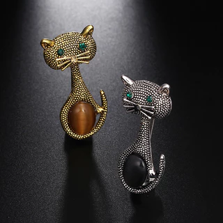 Broche De Gato Vintage Olhos Verdes Espartilho Ouro Antigo Opalas Cor Broches De Animais Para Mulheres Jóias De Alfinetes Infantis