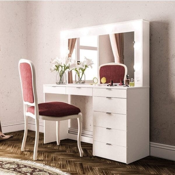 Penteadeira Camarim com Espelho 7 Gavetas e Tomada Diamante Espresso Móveis Branco
