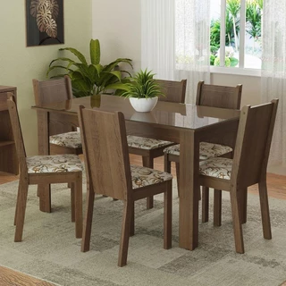 Conjunto Sala de Jantar Mesa Tampo de Vidro 6 Cadeiras Rustic/Lírio Bege Isla Madesa em Oferta na Shopee