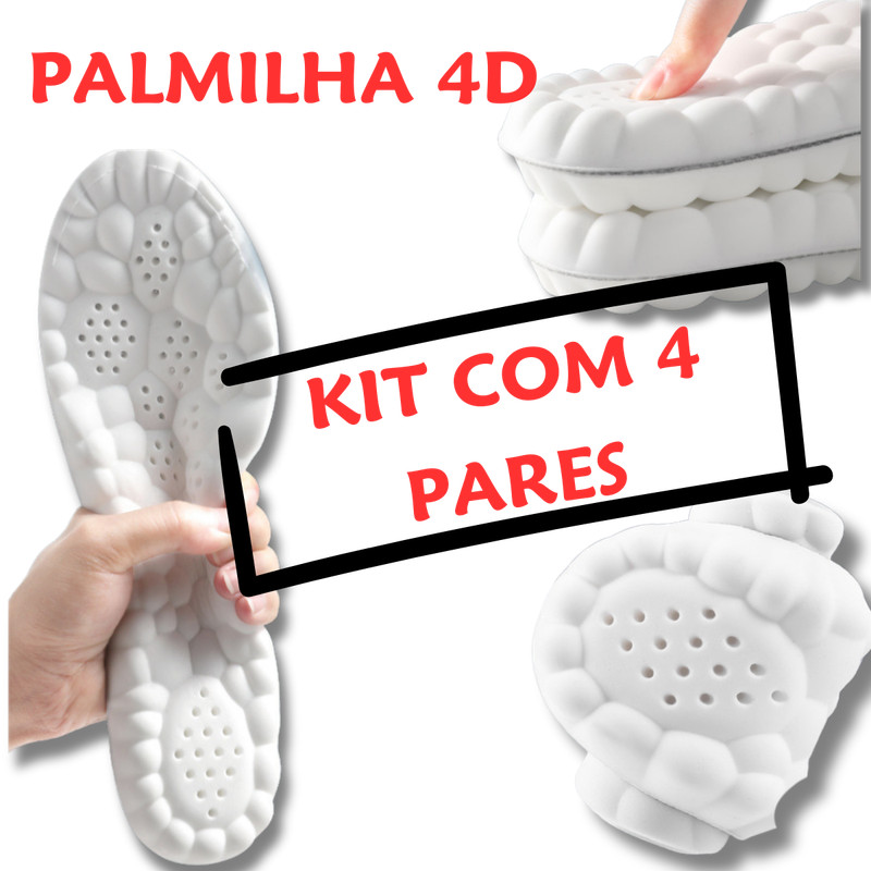 Kit 4 Palmilha Tenis Ortopedica 4D Trabalho Confortavel Dor Aumenta Altura