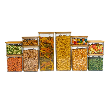 Kit 10 potes de acrílico com tampa de bambu herméticos quadrados - tud