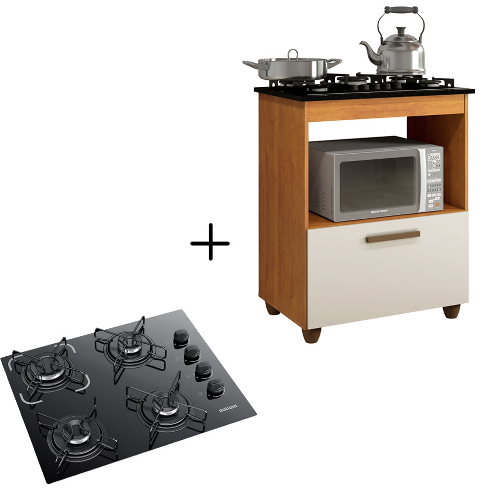 Kit Balcão Cooktop Itatiaia com 1 Porta e Fogão Cooktop 4 Bocas