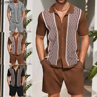Conjuntos De Crochê Masculino De Malha De Duas Peças Camisa E Calção Vintage Patchwork